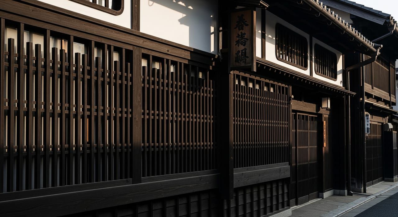 Traditional Fushimi sake brewery kura with dark wooden lattice walls and white plaster, autumn light