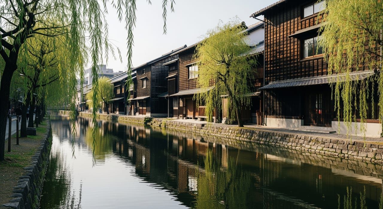 Historic sake brewery warehouses lining the Benten canal in Fushimi, Kyoto