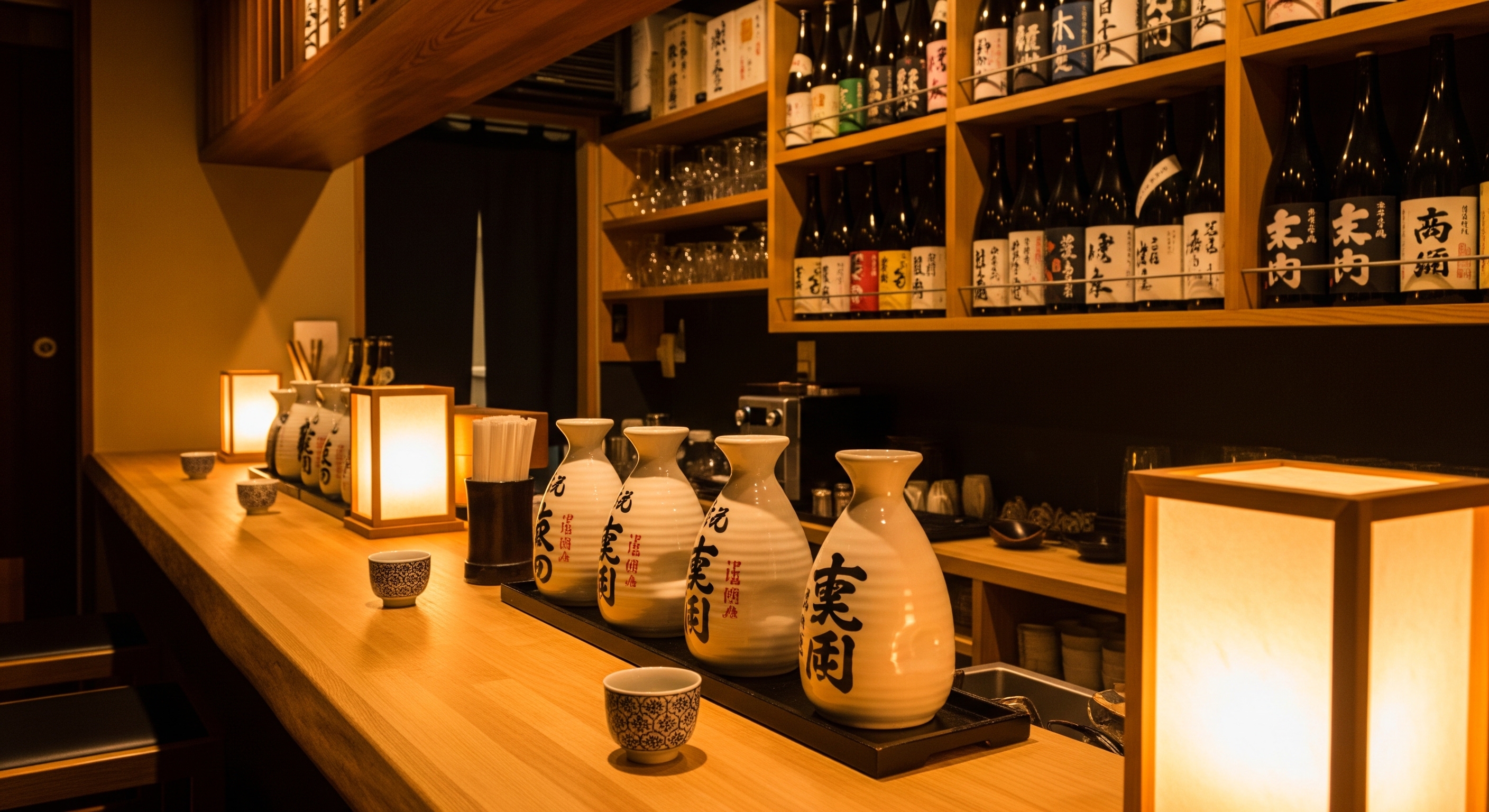 Intimate sake bar interior in Gion Kyoto with wooden counter, ceramic tokkuri carafes, and warm lantern light
