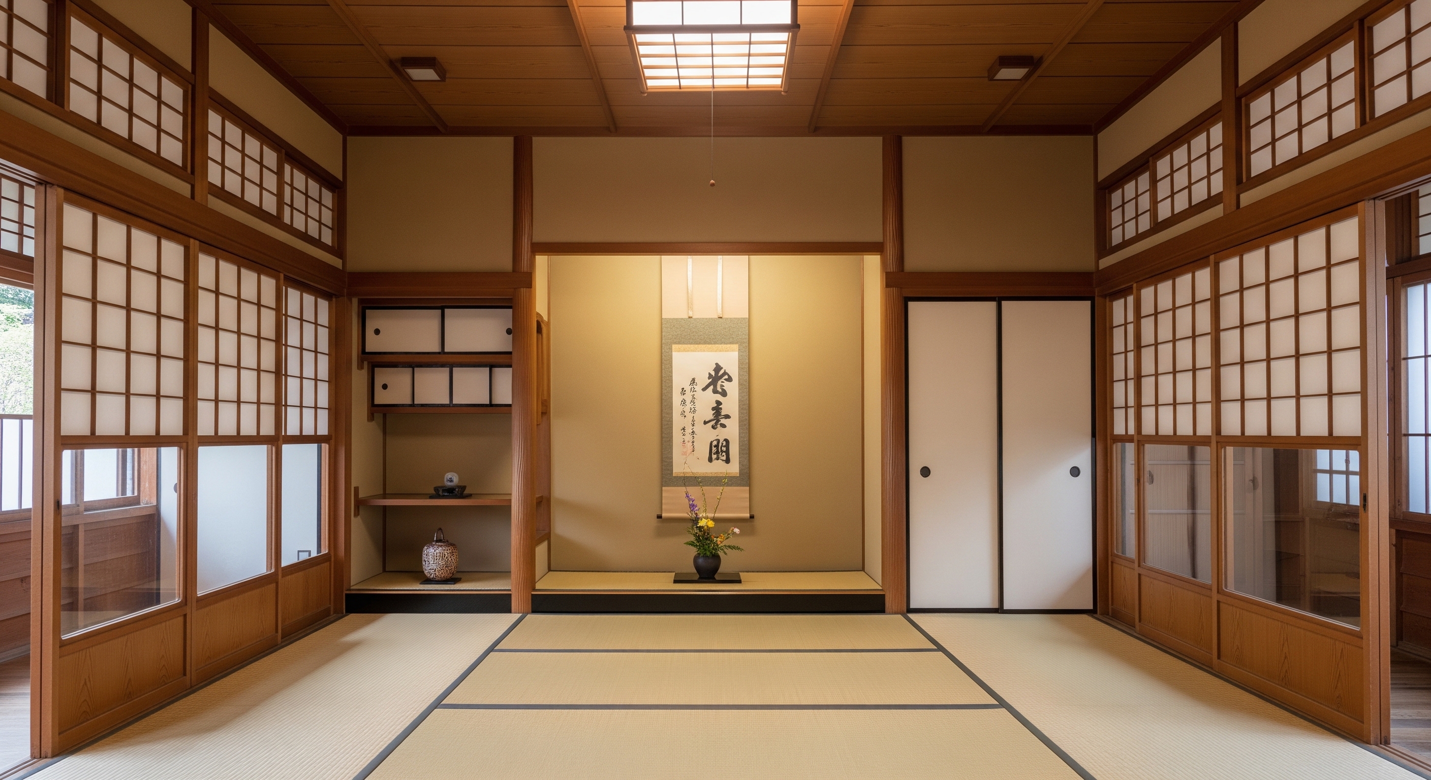 Traditional tea room interior in Higashiyama district with tatami floor and tokonoma alcove