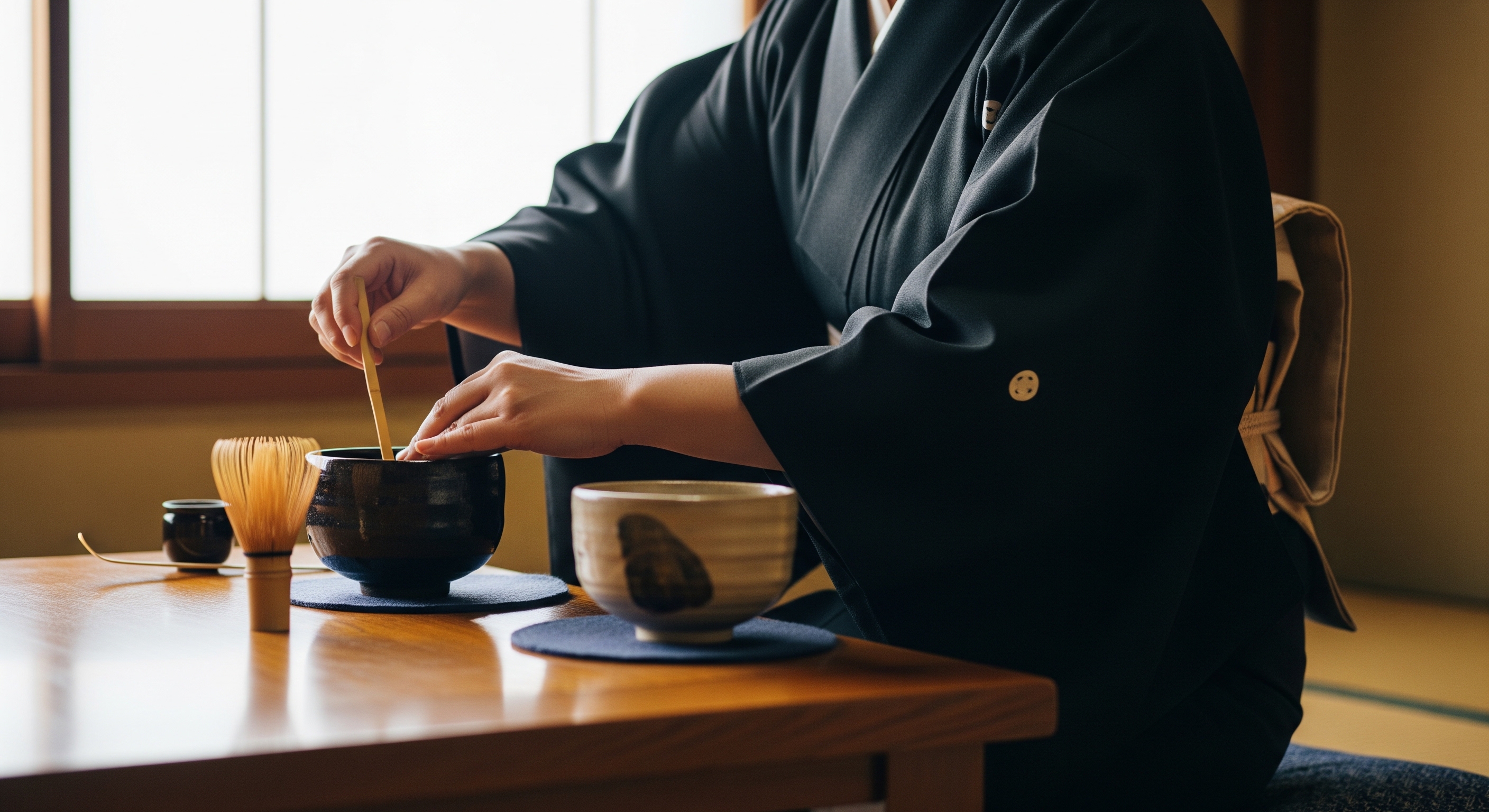 Tea ceremony host performing temae preparation movements