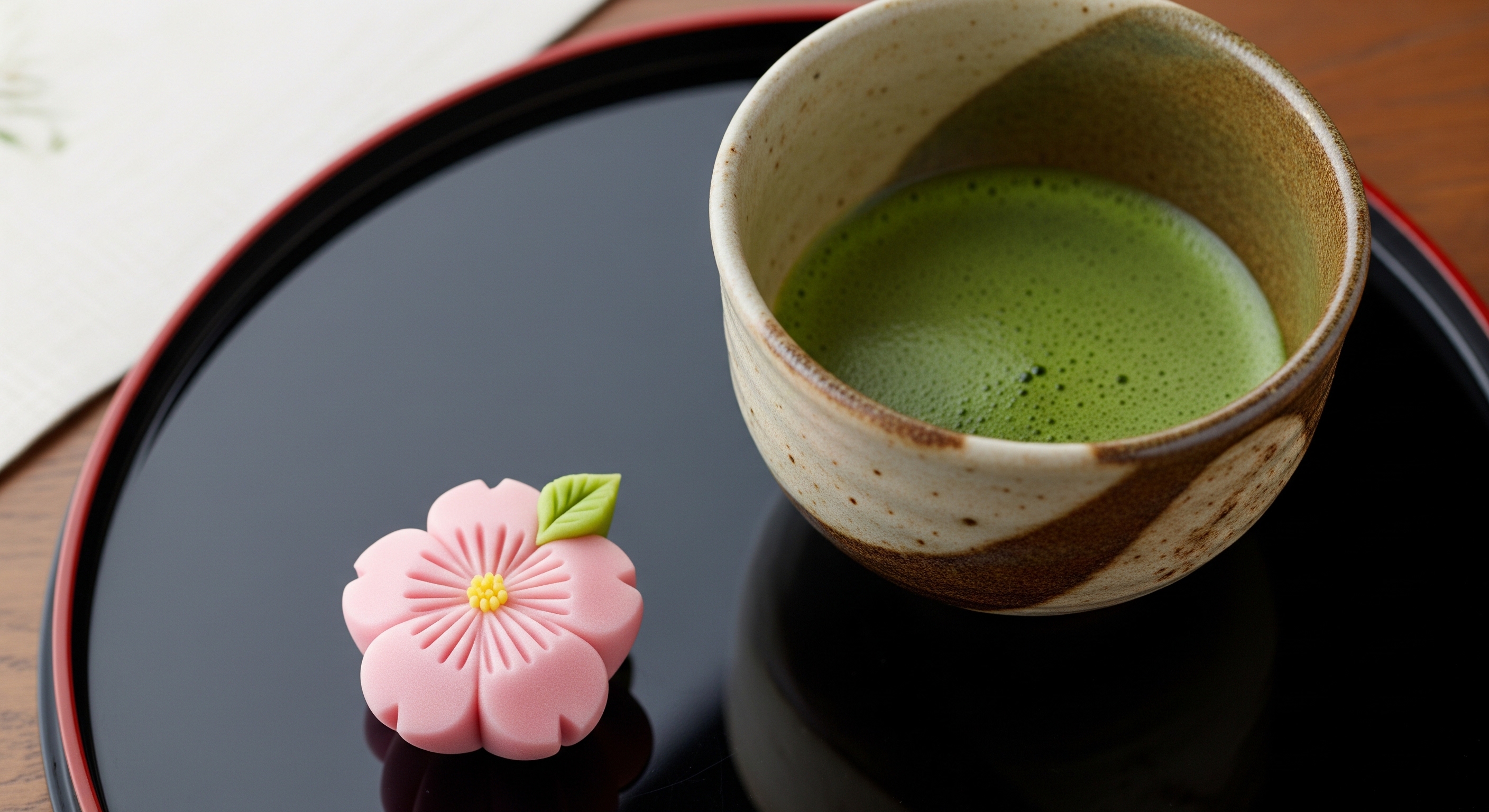 Seasonal wagashi sweet alongside a ceramic bowl of freshly whisked matcha tea on a lacquer tray