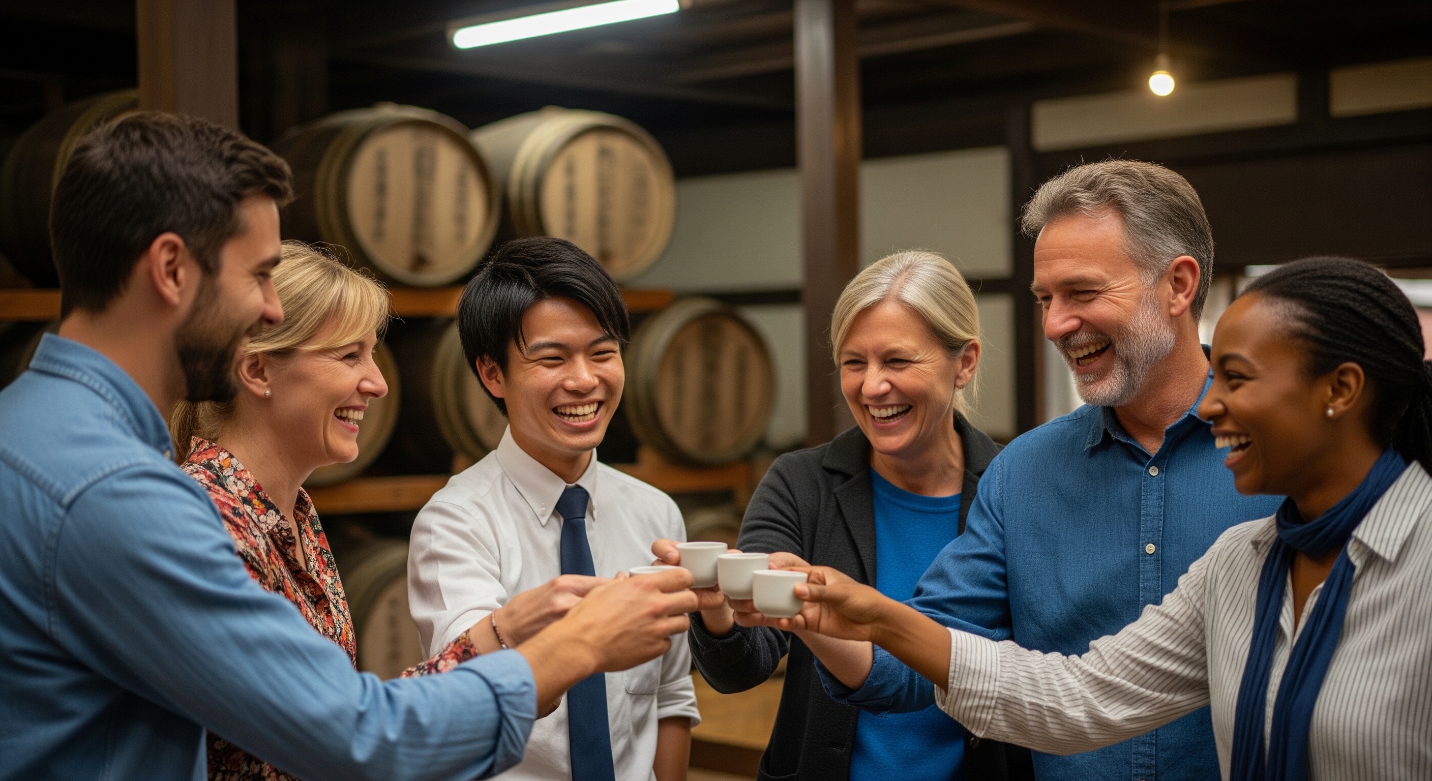 Small group of travelers sharing sake cups with a local guide at a Fushimi sake brewery