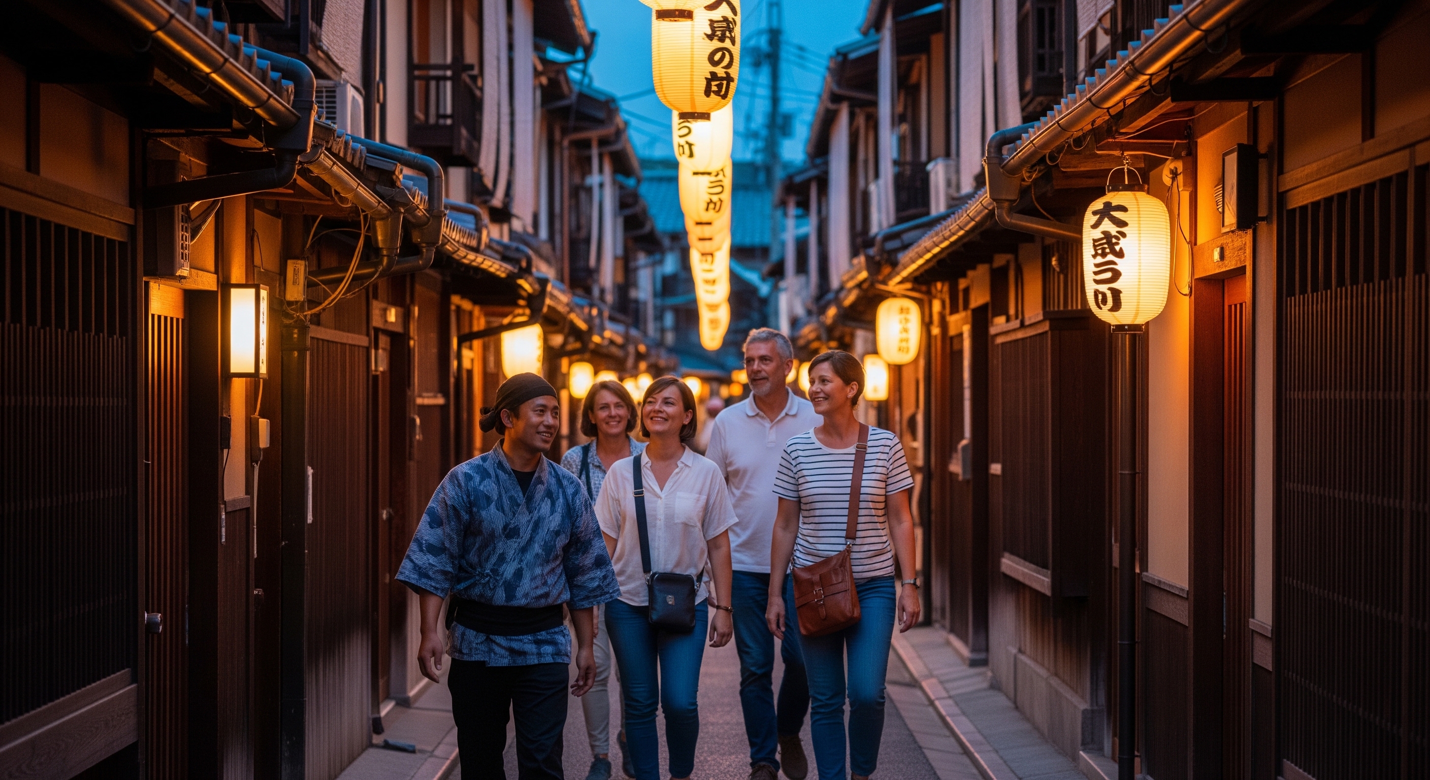 A local Kyoto tour guide leading guests through a traditional lantern-lit street