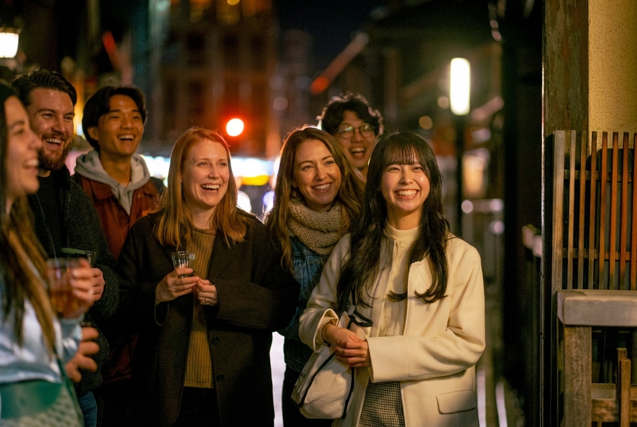Tour guests laughing together in Gion at night