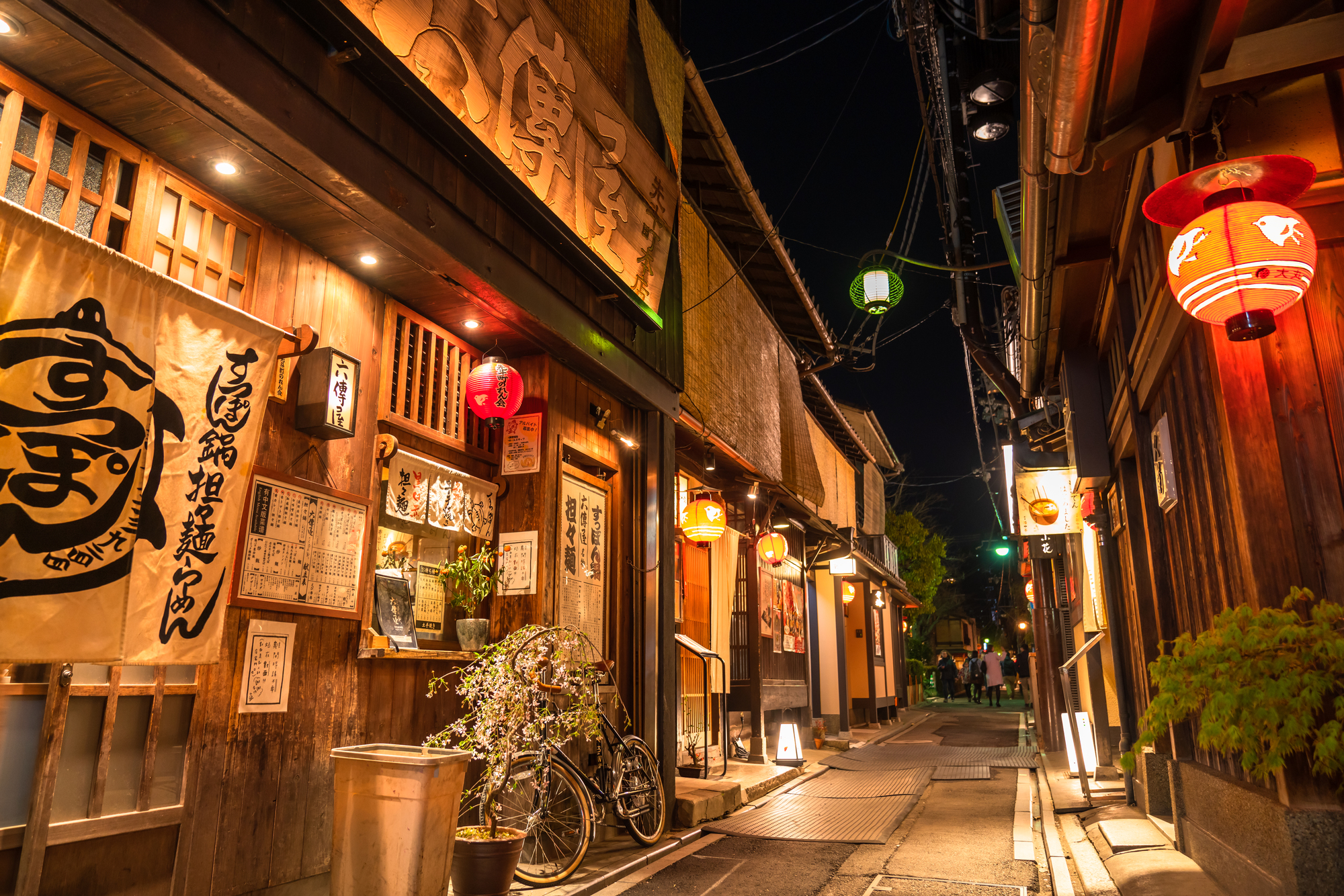 Pontocho alley lined with izakayas and lanterns at night